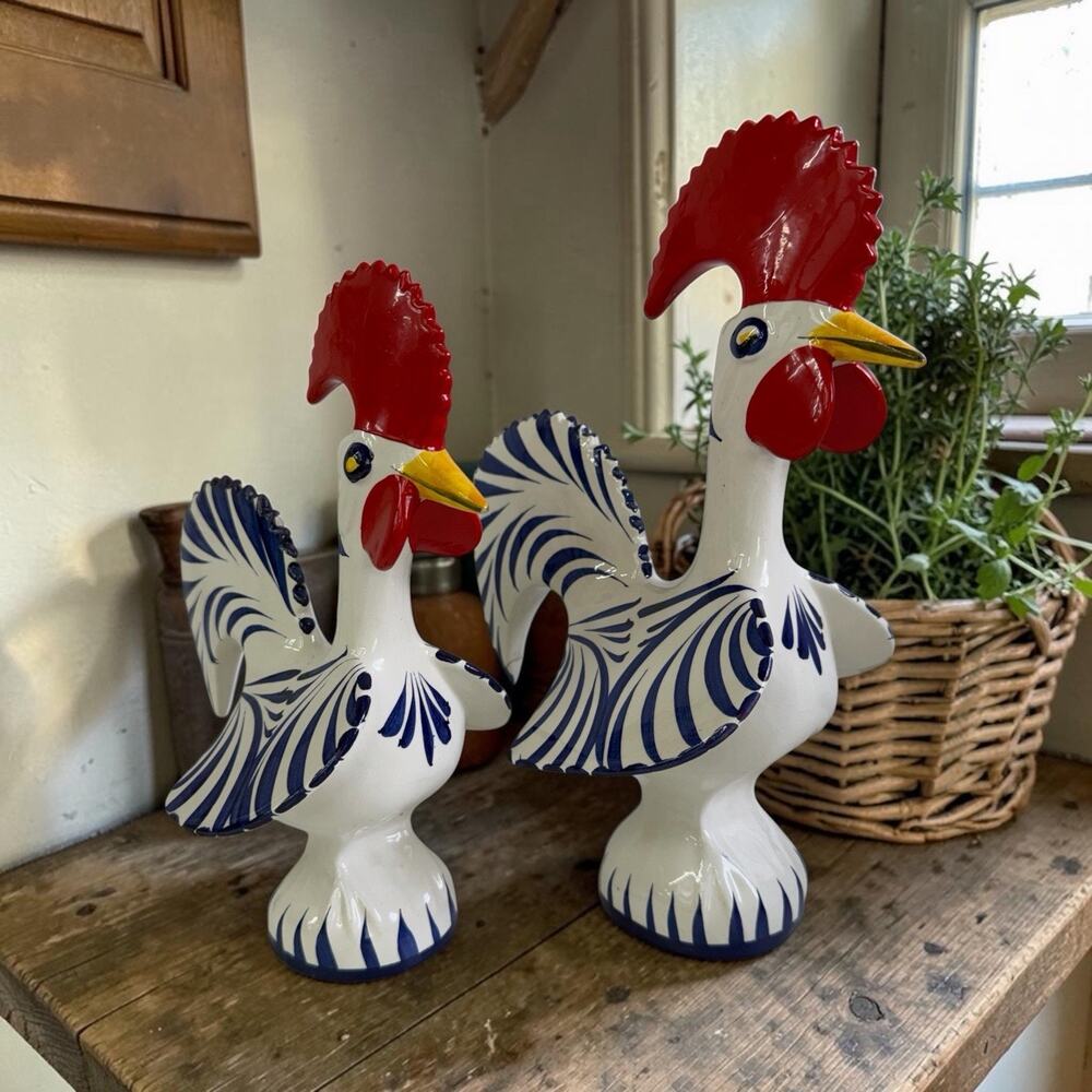 2 Roosters Of Barcelos Trust & Good Luck Figurines Hand Painted Portugal *FLAW*